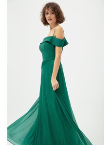 Lafaba Women's Emerald Green Thin Straps Boat Neck Silvery Long Evening Dress