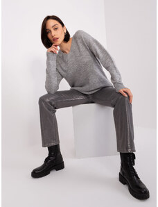 Fashionhunters Grey oversize sweater with V neckline in rue paris