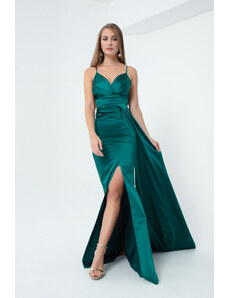 Lafaba ženski smaragdno zeleni trakovi Dolga satenska večerna obleka in maturantska obleka