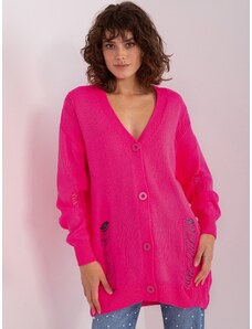 Fashionhunters Fluo pink long cardigan with holes
