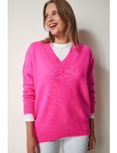 Happiness İstanbul Sreča Istanbul Ženski pulover za pletenine Fuchsia V-Neck prevelike velikosti
