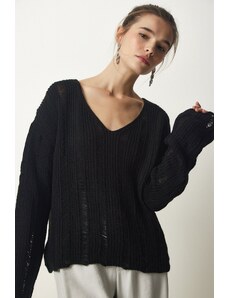 Happiness İstanbul Sreča İstanbul Ženska črna raztrgana podrobna prevelika pletenina pulover