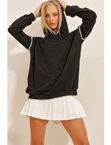 Trend Alaçatı Stili Women's Black Hooded Shepherd's Stitched Oversize Sweatshirt