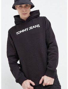Bombažen pulover Tommy Jeans moška, črna barva, s kapuco
