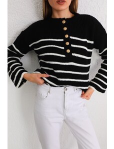 BİKELİFE Women's Black Oversize Gold Buttoned Striped Thick Knitwear Sweater