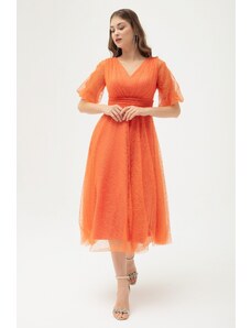 Lafaba ženski oranžni balonski rokav Srebrna večerna obleka