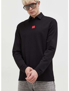 Bombažna majica z dolgimi rokavi HUGO črna barva