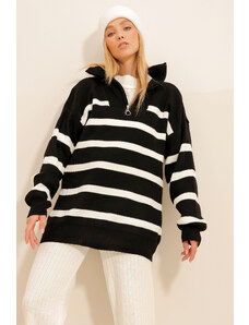 Trend Alaçatı Stili Ženska črna črtasta pletenina z zadrgo Zimski pulover