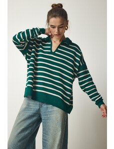 Happiness İstanbul Sreča İstanbul Ženski temno zeleni pulover za pletenine za pridelke polo vratu