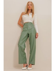 Trend Alaçatı Stili Ženski zeleni dvojni žep Palazzo usnjene hlače