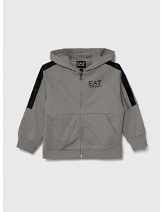 Otroški bombažen pulover EA7 Emporio Armani siva barva, s kapuco