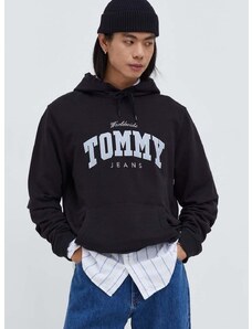 Bombažen pulover Tommy Jeans moška, črna barva, s kapuco