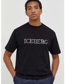 Bombažna kratka majica Iceberg moški, črna barva