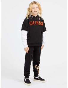 Otroški bombažen pulover Guess črna barva, s kapuco