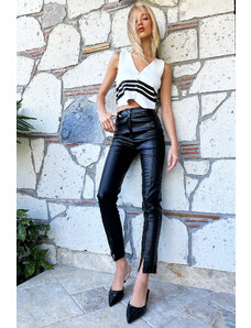 Trend Alaçatı Stili ženske črne hlače iz umetnega usnja z visokim pasom