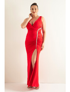 Lafaba ženski rdeči kamniti trak plus velikost dolga večerna obleka