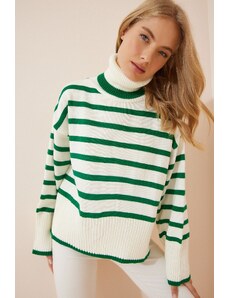 Happiness İstanbul Women's Bone Green Striped Turtleneck Oversize Knitwear Sweater