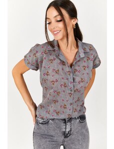 armonika Women's Gray Patterned Short Sleeve Shirt
