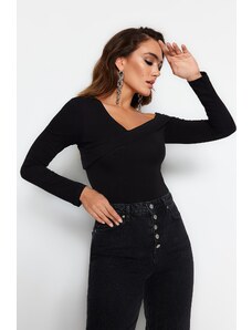 Trendyol Black Cotton, Stretchy Ruffles Fitted Crop Knitted Blouse
