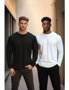 Trendyol črno-bela moška 2-paket 100% bombaž dolg rokav navadna/navadna rezana osnovna majica.