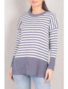 armonika Women's Navy Blue Round Neck Striped Knitwear Sweater