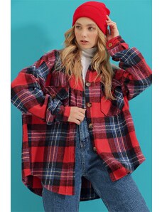 Trend Alaçatı Stili Women's Red Checked Stamped Cotton Oversized Safari Jacket Shirt