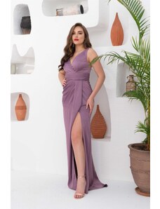 Carmen Lavender Satin V-Neck Slit Long Evening Dress