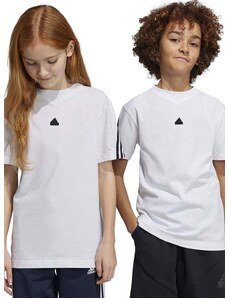 Otroška bombažna kratka majica adidas U FI 3S bela barva