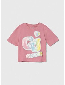 Otroška bombažna kratka majica Guess roza barva