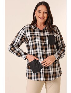 By Saygı Metal Button Leather Detailed Double Pockets Sleeve Fold Plaid Plus Size Shirt