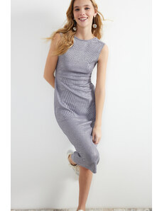 Trendyol Gray Leafy/Shiny Backless Bodycone/Fitting Midi Stretchy Knitted Dress