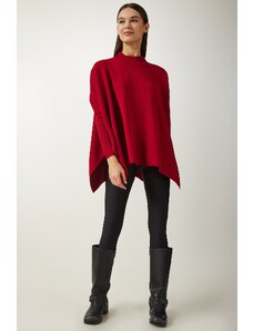 Happiness İstanbul Women's Red Stand-Up Collar Slit Knitwear Poncho Sweater