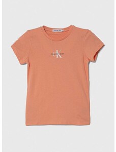 Otroška bombažna kratka majica Calvin Klein Jeans oranžna barva