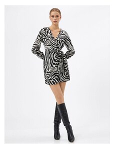 Koton Zebra vzorčasta obleka Mini zaviti dolgi rokavi V-vrat