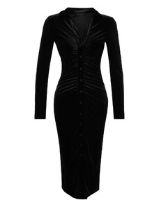 Trendyol črna žametna nameščena / enostavna pletena obleka Polo vratu Midi pletena obleka