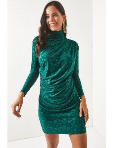 Olalook Ženska Polka Dot Smaragdno zelena stoječa ovratnica Kadilski detajl Mini peščena obleka
