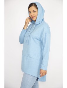 Şans Women's Plus Size Baby Blue Long Back Hooded Sweatshirt