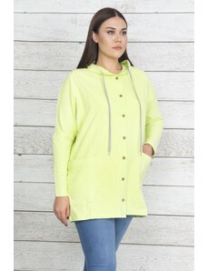 Şans Women's Plus Size Green Cotton Fabric Hooded Sweatshirt with Front Buttons