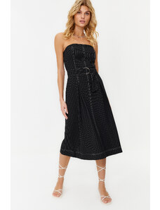 Trendyol Black Belted Striped Premium Fabric Skirt Flounces Midi Woven Dress