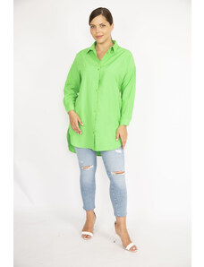 Şans Women's Plus Size Green Shirt with Buttons on the Front and Long Sleeves