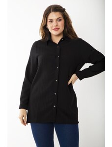 Şans Women's Plus Size Black Self Striped Long Sleeve Shirt with Metal Button