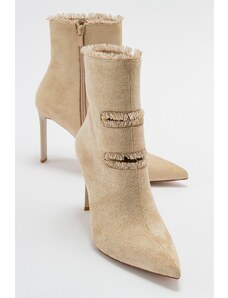 LuviShoes BARLE Women's Beige Suede Heeled Boots.
