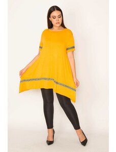 Şans Women's Plus Size Mustard Stripe Detailed Asymmetrical Tunic