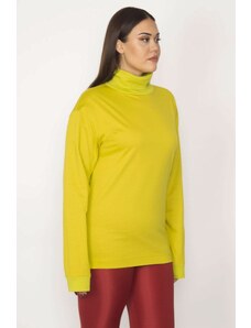 Şans Women's Plus Size Green Cotton Fabric Turtleneck Collar Blouse