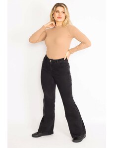 Şans Women's Plus Size Black Wide Leg Lycra 5-Pocket Jeans Trousers
