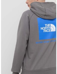 Bombažen pulover The North Face moška, siva barva, s kapuco