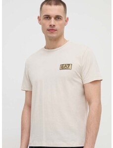 Bombažna kratka majica EA7 Emporio Armani moški, bež barva