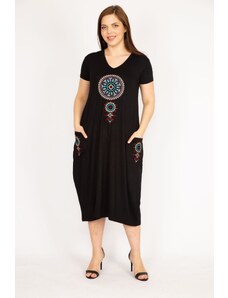 Şans Women's Black Plus Size Embroidery Detailed Dress