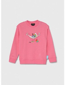 Otroški bombažen pulover Emporio Armani x The Smurfs roza barva