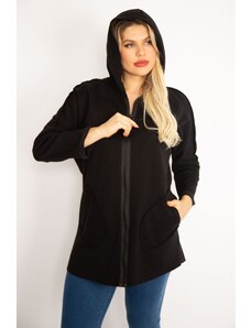 Şans Women's Plus Size Black Front Zippered Pocket And Hooded Coat